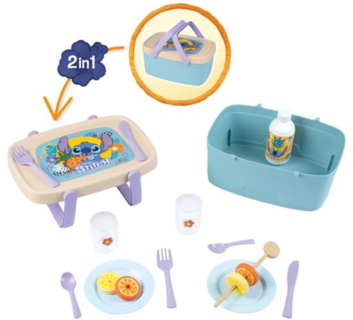 Smoby – Stitch 2-in-1 Picknickkorb – Lässt Sich in einen Beistelltisch verwandeln – 16 Zubehörteile enthalten – Ab 3 Jahren