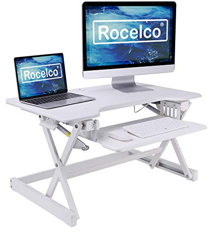 Rocelco 81cm Standing Desk Converter with Retractable Keyboard Tray - Dual Gas Spring Lift - Height Adjustable Sit Stand Computer Workstation Riser for Two Monitors and Laptop - White (R EADRW)