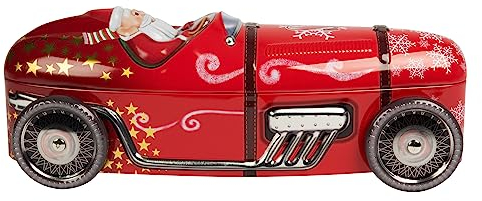 POWERHAUS24 Santas Racing Car mit drehbaren Rädern, Blechdose, Geschenk, Aufbewahrung, Deko, Spielzeug, ohne scharfe Kanten, lebensmittelecht, ca. 28 x 10,5 cm, 2 Rezepte inklusive
