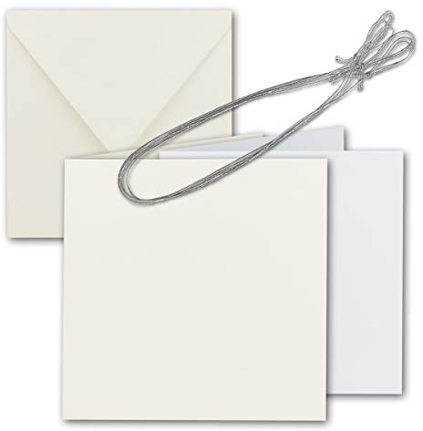 10x Quadratisches Faltkarten Set 15 x 15 cm - mit Briefumschlägen & Einlegeblätter & Schmuckband - Natur-Weiß - für Einladungskarten, Hochzeit, Weihnachten - von GUSTAV NEUSER