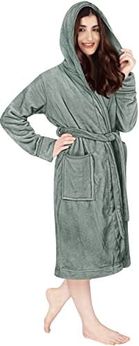 NY Threads Luxury Ladies Hooded Dressing Gown Super Soft Fleece Women's Robe Comfortable Loungewear and Nightwear, Steel Grey, Medium