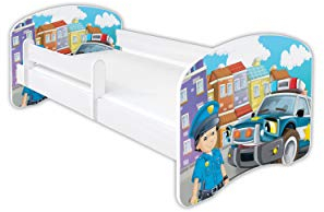 Clamaro 'Schlummerland' Kinderbett 80x180 (bis 150kg belastbar) mit Motiv, Rausfallschutz, Kantenschutz, Matratze und Lattenrost | Jugendbett Weiß | Motiv: 43 Polizei Auto