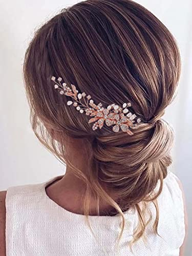 Runmi Braut-Haarkamm mit goldfarbenen Blüten, Kristall-Haarschmuck, Perlen-Hochzeits-Haar-Accessoire, für Damen und Mädchen