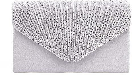 MEGAUK Damen Satin Glitzer Clutch Unterarmtasche mit Abnehmbare Kette für Hochzeit Wedding Ball Bankett Prom Party, Silber