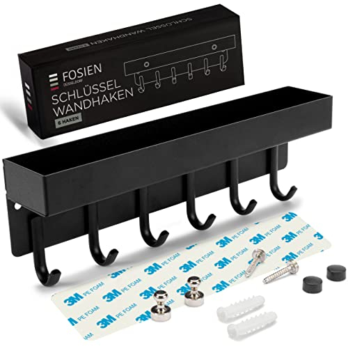 FOSIEN® design schlüsselbrett mit ablage und Magnethalter für Notizen ohne bohren/flur deko als schlüssel organizer/schlüsselbrett schwarz weiß 3M selbstklebende Haken und magnete Schwarz