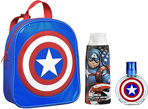 Captain America Geschenk Set: Rucksack, Kinderparfüm (50 ml) Duschgel (300 ml), cooles Marvel Geschenk für Jungen