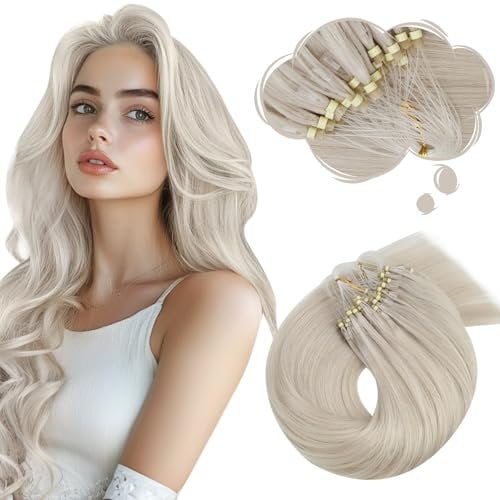 Moresoo Micro Ring Hair Extensions Real Human Hair Blonde Microbeads Human Hair Extensions White Blonde Microloop Hair Extensions Silky Soft 1g/s 50g/Pack #60A 16 Inch