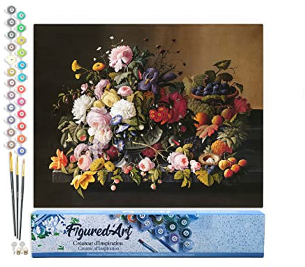 Figured'Art Malen Nach Zahlen Erwachsene Blumen und Obst - Severin Roesen - Paint by Numbers Basteln DIY Bastelset 40x50cm ohne Holzrahmen