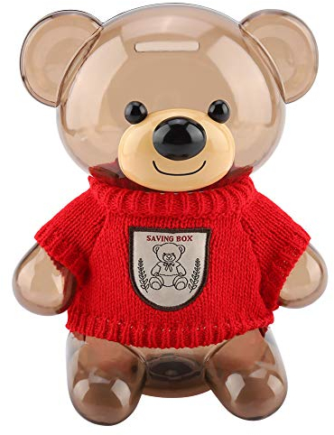 Fdit Großes Sparschwein, Spardose Kinder Münze Sparschwein Spardose Cartoon Kleidung Bär Kunststoff Transparent(Transparenter Bär in Rot)