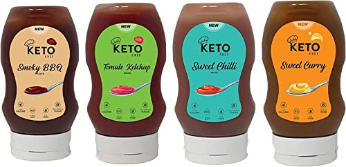 Keto Chef Vegan Diet Sweetener Sauces - Sweet Curry, Smoky BBQ, Tomato Ketchup & Sweet Chilli Sauce, Suitable for Vegans, No Added Sugar Low Calorie Sauce, No Artificial Flavors | Pack of 4 (300ml)