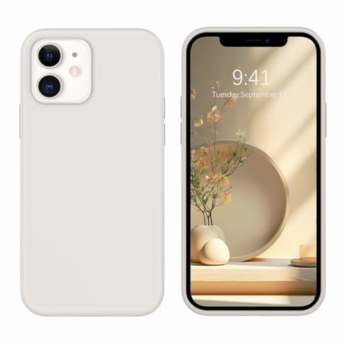 DOMAVER Liquide Coque iPhone 12/12 Pro Silicone, Étui iPhone 12 Case avec Protection Doublure Microfibre, Housse de Téléphone iPhone 12 Antichoc, Gris - Blanc