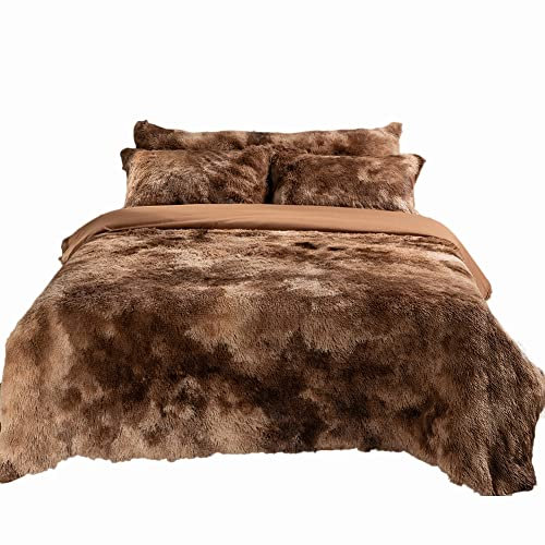 Michorinee Plüsch Bettwäsche 200x220 Winter Flauschig Warme Bettbezug Fleece Flausch Langhaar Kunstfell Tie Dye Gedruckt Taupe Plüschbettwäsche Set mit Reißverschluss - 200 x 220 cm + 2 x 80 x 80 cm