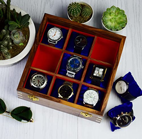 Royal Craft Expertise Boîte à montres pour homme – Organiseur à 9 emplacements en palissandre indien | Doublure en velours, couvercle en verre | Vitrine de montre en bois massif | Cadeau haut de gamme