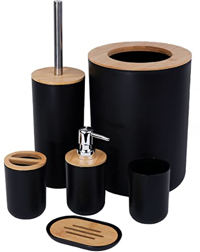 JETAINE 6 Pieces Bamboo Bathroom Accessories Modern Bathroom Accessory Set Luxury Bathroom Bin and Toilet Brush Set, Toothbrush Holder Tumbler Soap Dish Trash Can Soap Dispenser Bath Set Gift