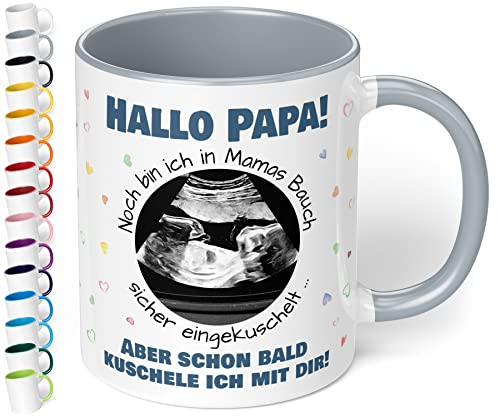 Werdender Papa Tasse Idee Schwangerschaft Verkünden – Keramiktasse mit Ultraschallbild personalisiert „Hallo Papa! Noch bin ich in Mamas Bauch“ – Geschenk Vater Baby Ultraschall-Bild (Grau)