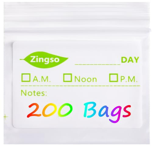 Zingso Pill Pouch Bags for Travel, 200 Pcs Portable Pill Organizer Plastic Pills Bag with Write on Label Waterproof Reusable Pill Pouches Small Baggies for Pills Vitamin Supplements Storage