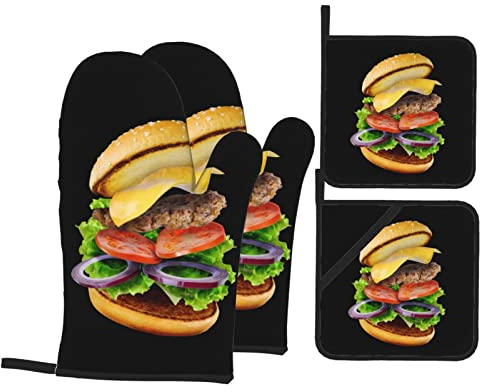 Köstliche Cheeseburger Foto-Ofenhandschuhe und Topflappen, Set mit 4 hitzebeständigen Ofenhandschuhen und Topflappen für Grillen, Backen, Grillen