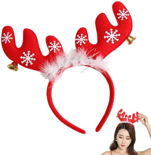 Dolaso Geweih Haarreif, Weihnachten Rentiergeweih Stirnband, Rentier Haarreif mit Glöckchen und Federn, Plüsch Ohren Weihnachts Rentier Stirnbänder für Kinder Erwachsene Weihnachtsfeier Dekorationen