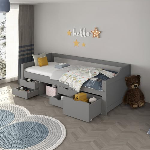 Home Deluxe - Kinderbett Cosmos - 90 x 200 cm, Farbe: Grau, inkl. Matratze, Schubladen und Lattenrost - Variantenauswahl I Kinderbettchen Jugendbett Babybett