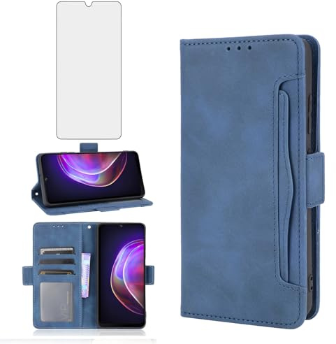 Asuwish Handyhülle für Vivo V21 5G Hülle mit Glas Folie Schutzfolie Kartenfach Klappbar Leder Geldbörse Ständer Schutzglas Panzerfolie Bumper V 21 4G Handy Hüllen Schutzhülle Cover Phone Case Blau
