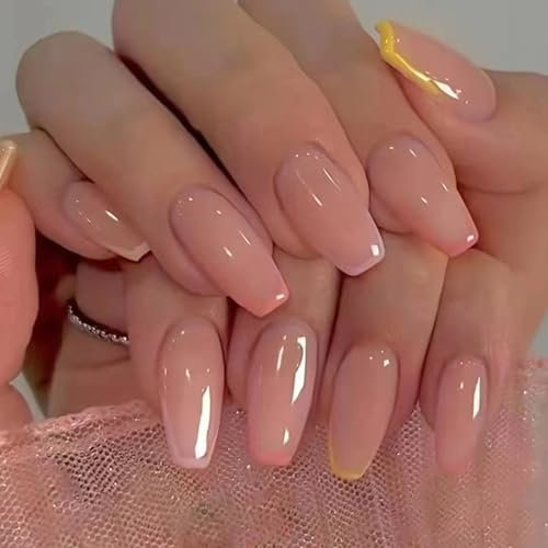 Ceboic False Nails Medium Coffin, 24Pcs Nude Pink Ballerina Press on Nails Full Cover Acrylic Fake Nail, French Nail Tips with Glue Stickers Natural Stick on Nails for Women Girls Nail Art