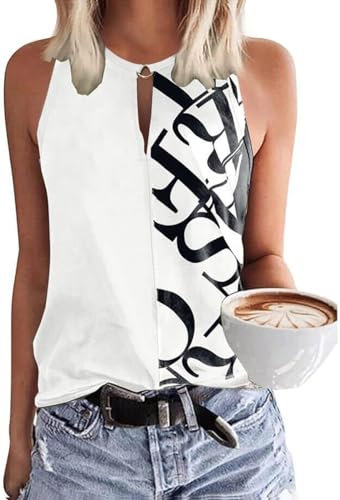 Tanmolo Damen Tank Top Ärmellos Oberteile Sommer Tanktops V-Ausschnitt Blusentop Strand Sexy Vest Top Buchstaben-bedrucktes Basic Bluse, XL