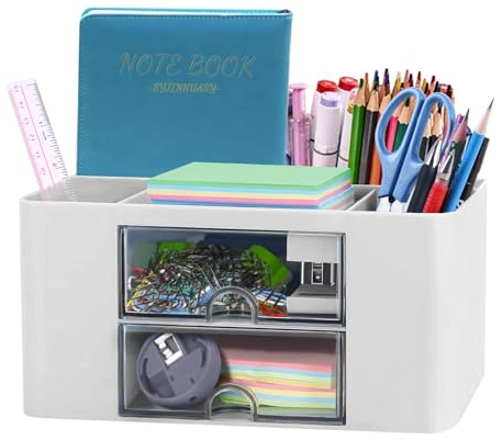 SYJINHUASY Multifunktionaler Schreibtisch Organizer, Kompakter Büroorganizer mit 5 Fächern & 2 Schubladen,Plastik Tisch Organizer für Büro Zuhause Schule (White-A)