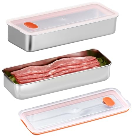 Qivine 2 Piezas Almacenamiento de Salchichas y Fiambres, Recipiente de Almacenamiento de Carne, Contenedor para Embutidos con Tapa, Acero Inoxidable, Reutilizable, para Guardar Salchichas, Queso