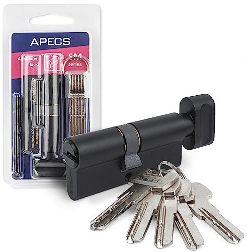 Cylindre de serrure à bouton noir APECS avec bouton - 95 (40C/55) mm, pour serrure de porte d'entrée, avec 5 clés, modèle SM-95(40C/55)-C-BLM