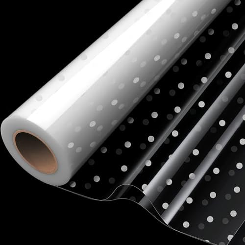 Rouleau de cellophane transparent imprimé à pois argentés pour emballage de Noël, paniers, nourriture, cadeaux d'anniversaire, fleurs et travaux manuels 20 m x 84 cm