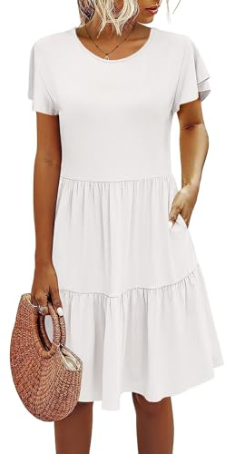 Zetieny Sommerkleid Damen Rundhals Kurzarm Kleider Einfarbig Strandkleid Midi Kleid Lose A-Linie Kleider mit Tasche