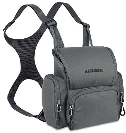 Lucky Clover Fernglas-Geschirr-Brusttasche mit Entfernungsmessertasche: Jagd-Brusttasche, Vordertasche, verstellbare Westentaschen, Bino-Geschirr, ideal für Jagd, Wandern und Schießen, GRAU, One Size