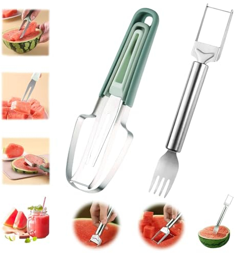 2 Pièces Coupe Pastèque, Coupe Melon en Acier Inoxydable Fourchette à Fruits, Nouveau 2024 Outil de Coupe de Fourche de Melon d'eau, Fourchette à Fruits d'été pour Pastèque