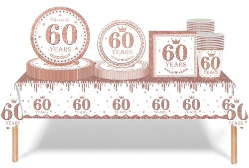 69pcs Rose Gold 60th Birthday Decorations for Women,60th Birthday Tableware Tablecloth Paper Plates Napkins Serviettes and Cups Sets for 60th Birthday Table Decorations for Her 60th Birthday Gifts