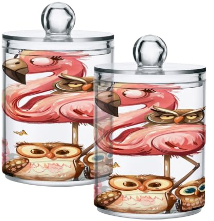 Soporte para hisopos de algodón con diseño de búhos de flamenco, frascos de boticario, 2 unidades