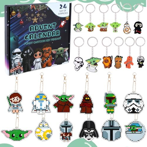 S-tar Wa-r Advent Calendar 2024, Christmas Countdown Calendar 24 Days Countdown Cartoon Keychains-12 DIY Diamond Art Painting Keychain and 12 PVC Keychain, Hanging Ornament Present for Girls Boys