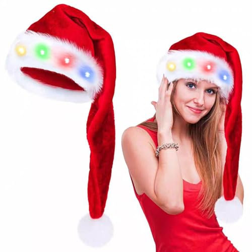 songyea Lang Weihnachtsmütze, Farbe LED Lichter Weihnachtsmütze, Erwachsene Nikolausmütze Rot, Nikolausmütze mit leuchtendem,Santa Clause Mütze für Herren/Damen für Weihnachtsfeier
