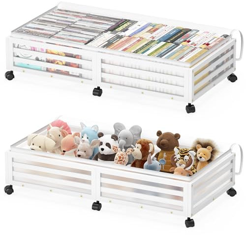 Under Bed Storage with Wheels-Large Bamboo Underbed storage Containers with Large Dust Bag Stackable Under the Bed Shoe Storage Bins for Clothes Books Bedding (2 Packs White, 33.07L×16.54W× 6.5H)