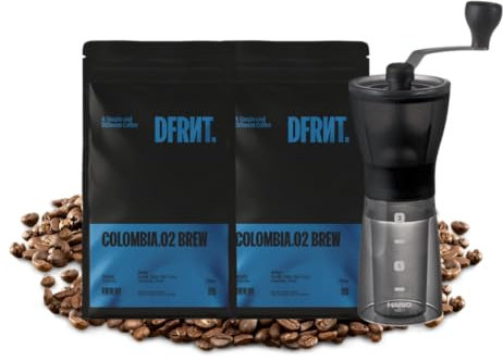 Filtro Starter Pack. Sacchetti 2 x 250 g + macinino Hario Café Grano di specialità | Specialty Coffee 85.5 SCA | Colombia | Ideale preparazione filtro | Toste recenti in Spagna | 500 g