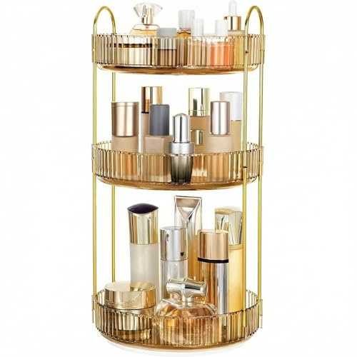 Cnwinu 360° Rotating Makeup Organiser, 3 Tier Gold
