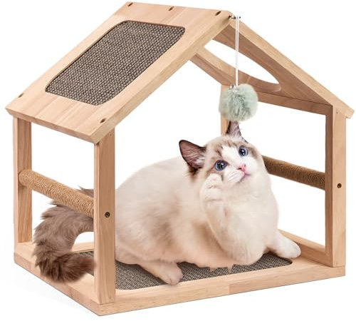 LitaiL Maison pour chat en bois avec griffoir en sisal de 41 cm de long, grotte pour chat en forme de maison, griffoir chat pour protection de canapé, griffoir en bois massif, grattoir pour chat, gris