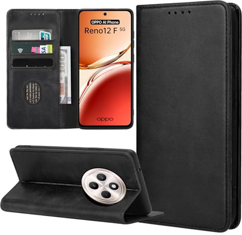 Funda Tapa Libro ZYIMOU para OPPO Reno 12 F 5G / OPPO Reno 12 FS 5G, Cuero PU, Negro, Soporte, Ranura Tarjeta