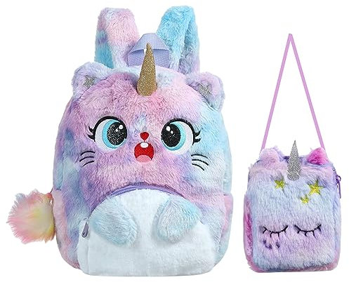 Balakaka Plüsch Rucksack 2Pcs Unicorn Cat, Kawaii Kindergartentasche Mini Umhängetasche Niedlich Geldbörse Schultasche, Geburtstagsgeschenk Kindergartenrucksack für 3-8 Jährige