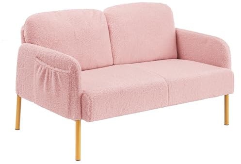 Mondeer 2 Siter Sofa, Kleine Couch mit Seitentasche und Gepolsterter Metallfüßen Gemütlicher Kunstlammfell Stoff Moderne, für Wohnzimmer Schlafzimmer, 122 x 76 x 75 cm, Rosa