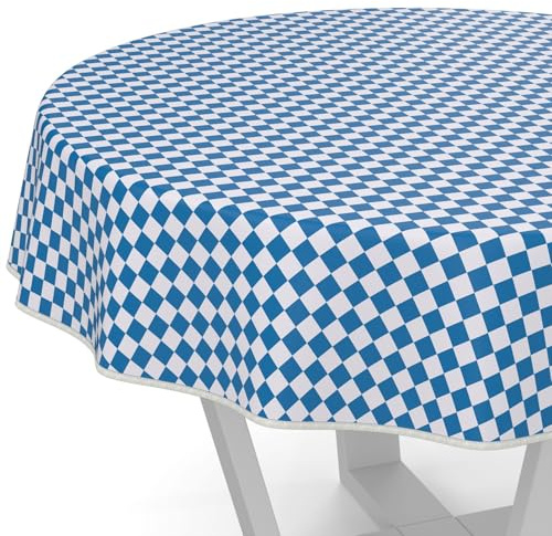 ANRO Nappe en toile cirée - Lavable, imperméable, ronde, 120 cm, avec ourlet (bordé), motif à carreaux classiques - Bleu