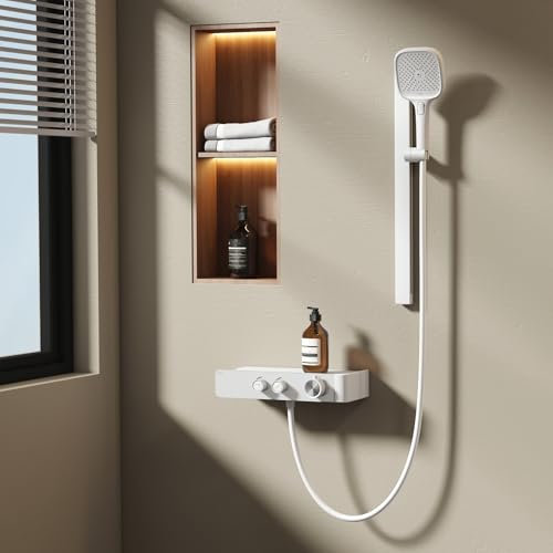 EMKE Colonne de Douche Thermostatique, Réglage du Débit d'Eau, Douche à Main 3 Fonctions, Design Modulable pour Tous les Espaces, 355x150x1150 mm,Blanc Mat, Installation Flexible