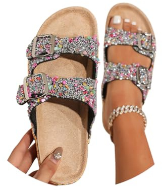 Minetom Mules Femme Paillettes Boucle Sabots Bout Ouvert Été Plates en Liège Nu-Pieds Semelles Épaisses Sandales De Plage Boho Romain Chaussons