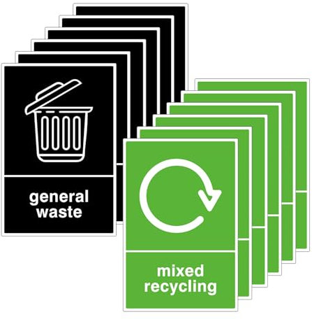 10Pcs Recycling Bin Stickers Self Adhesive,Removable Mixed Recycling and General Waste Signs Waterproof Labels for Outdoor,Food Waste Sticker,Kitchen and Office(5pcs Green,5pcs Black,150×100 mm)