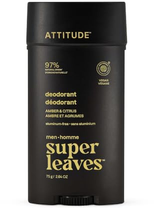 ATTITUDE Deodorant für Herren, ohne Aluminium, beseitigt Gerüche, sanft zur Haut, Inhaltsstoffe natürlichen Ursprungs, zertifiziert von EWG Verified, vegan, Duft Bernstein & Zitrus, 75 g