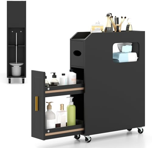 COSTWAY Nischenschrank Badezimmer, mit Schublade auf Rollen, Badezimmerschrank klein mit Taschentuchbox & Bürstenhalter, Badschrank Holz, Seitenschrank Mehrzweckschrank für kleine Räume (Schwarz)